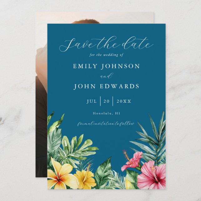 Ocean Blue Tropical Flowers Photo Wedding Save The Date (Front/Back)