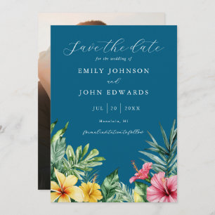 Ocean Blue Tropical Flowers Photo Wedding Save The Date