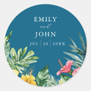 Ocean Blue Tropical Flowers Wedding Favour Classic Round Sticker