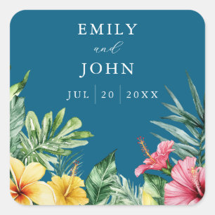 Ocean Blue Tropical Flowers Wedding Favour Square Sticker