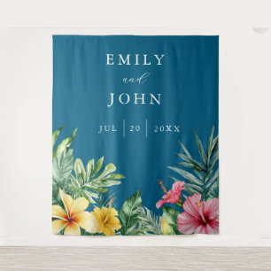 Ocean Blue Tropical Flowers Wedding Photo Backdrop Tapestry