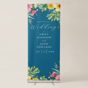 Ocean Blue Tropical Flowers Wedding Welcome  Retractable Banner