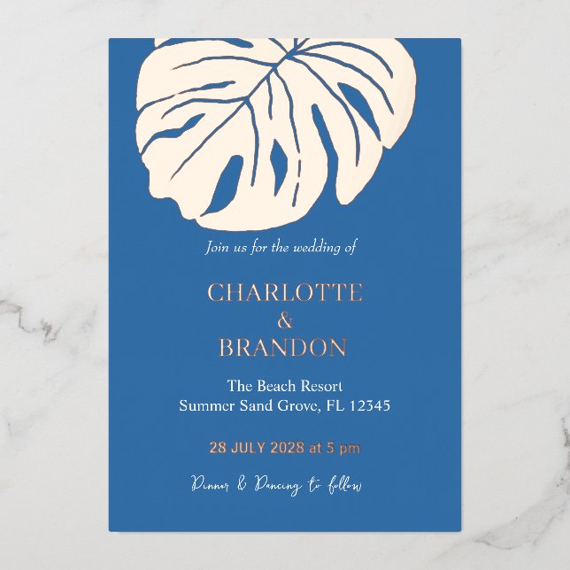 Ocean Blue Tropical Monstera Leaf Wedding (Front)