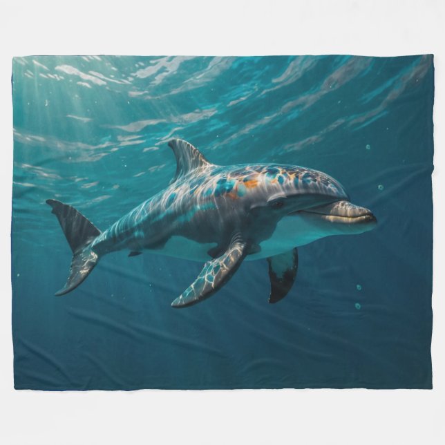 Ocean Blue Underwater Dolphin Portrait Fleece Blanket (Front (Horizontal))