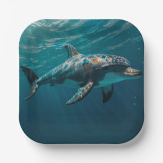 Ocean Blue Underwater Dolphin Portrait Paper Plate