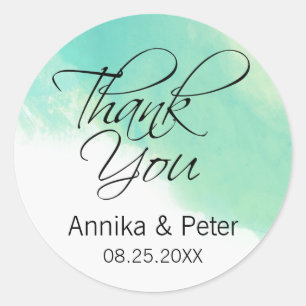 Ocean Blue Watercolor and Calligraphy Thank You Classic Round Sticker