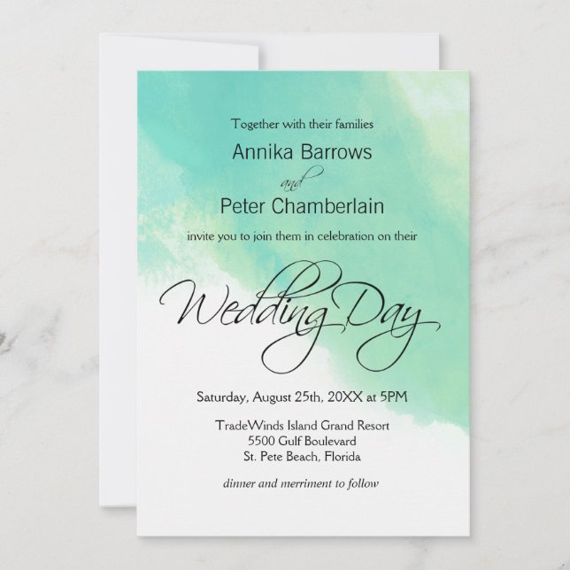 Ocean Blue Watercolor and Calligraphy Wedding Invitation (Front)
