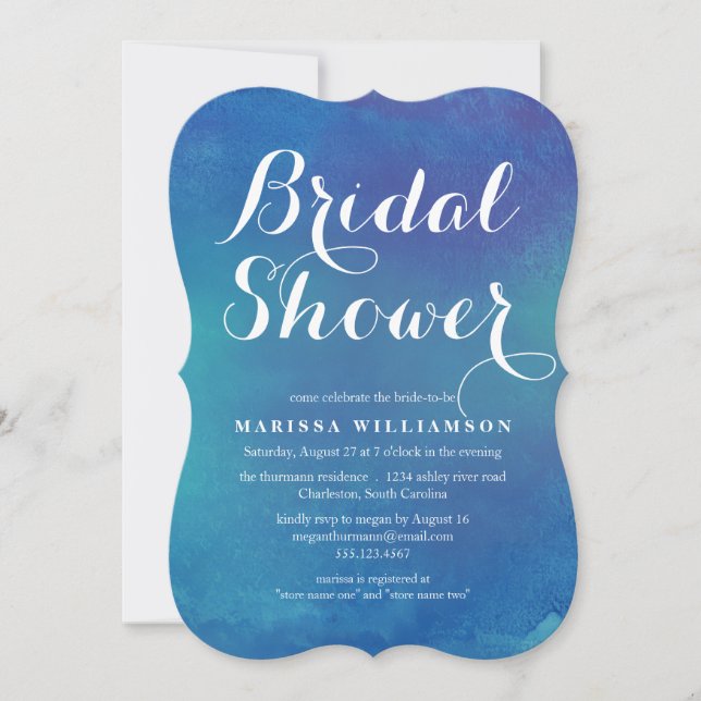 Ocean Blue Watercolor Bridal Shower Invitation (Front)