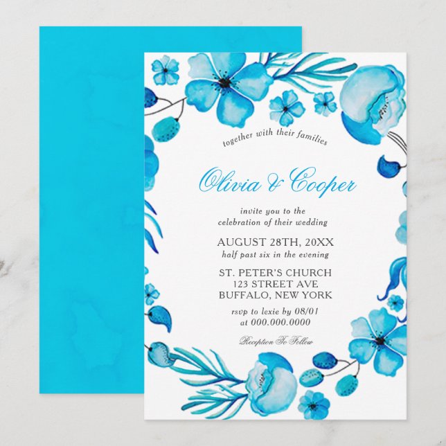 Ocean Blue Watercolor Floral Wedding Invitation (Front/Back)