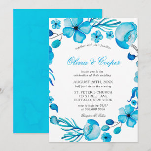 Ocean Blue Watercolor Floral Wedding Invitation