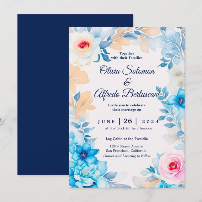 Ocean blue watercolor floral Wedding Invite (Front/Back)