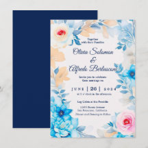 Ocean blue watercolor floral Wedding Invite