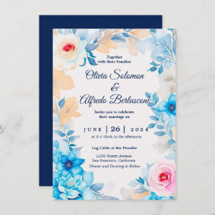 Ocean blue watercolor floral Wedding Invite