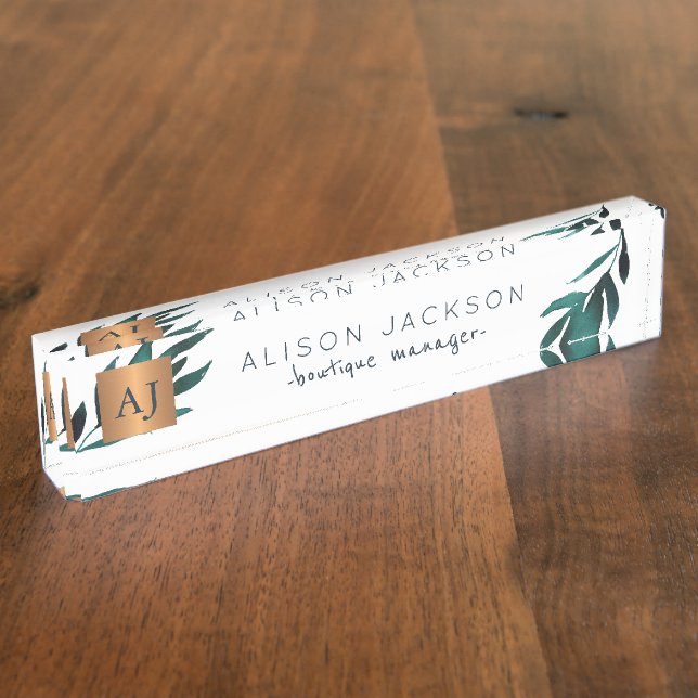 Ocean blue watercolor foliage copper monogrammed nameplate (Side)