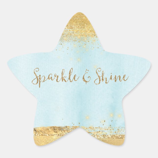 Ocean Blue Watercolor Gold Sparkle Star Sticker (Front)