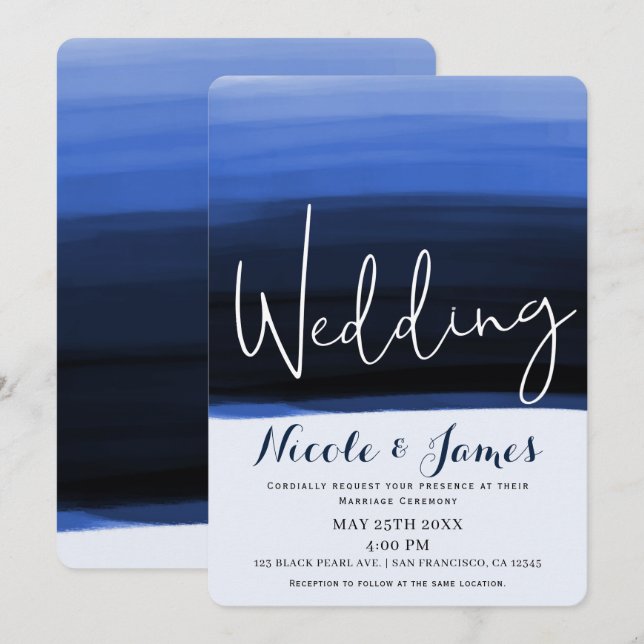 Ocean Blue Watercolor Modern Glam Wedding Invitation (Front/Back)