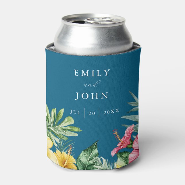 Ocean Blue Watercolor Tropical Floral Wedding Can Cooler (Can Front)