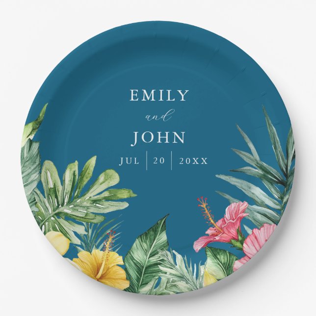 Ocean Blue Watercolor Tropical Floral Wedding Paper Plate (Front)