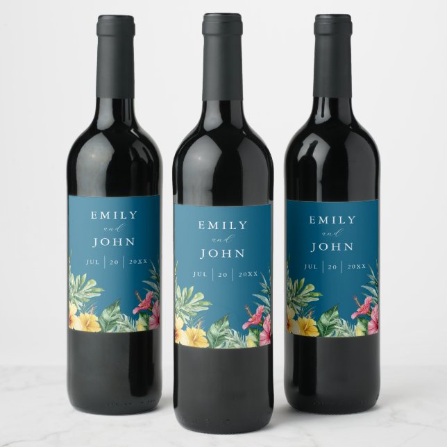 Ocean Blue Watercolor Tropical Floral Wedding Wine Label (Bottles)