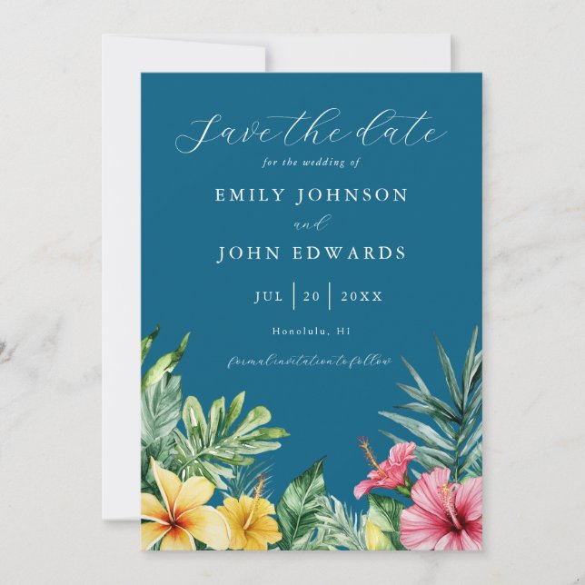 Ocean Blue Watercolor Tropical Flowers Wedding Save The Date (Front)