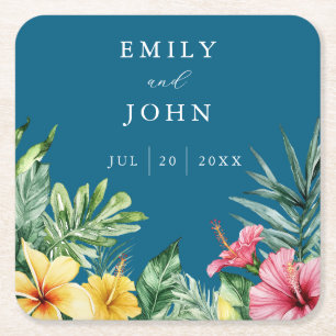 Ocean Blue Watercolor Tropical Flowers Wedding Square Paper Coaster