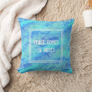 Ocean Blue Watercolor Waves Pattern Peace Quote Cushion