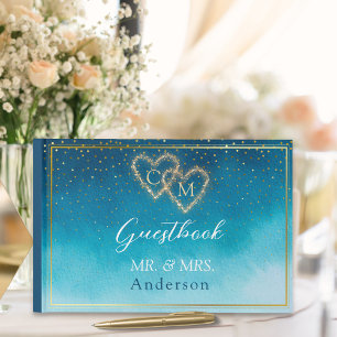 Ocean Blue Watercolor Waves With Monogram Wedding Guest Book