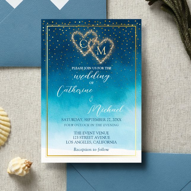 Ocean Blue Watercolor Waves With Monogram Wedding Invitation (Creator Uploaded)