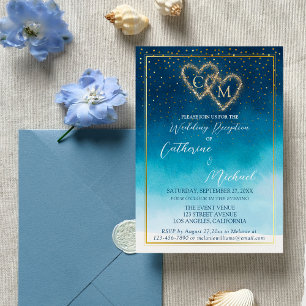 Ocean Blue Watercolor Waves With Monogram Wedding Invitation