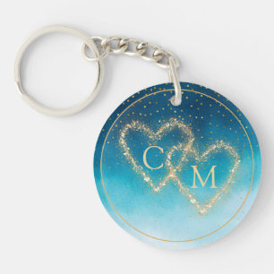 Ocean Blue Watercolor Waves With Monogram Wedding  Key Ring