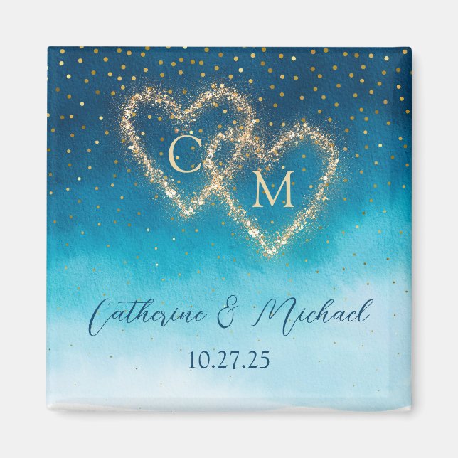Ocean Blue Watercolor Waves With Monogram Wedding  Magnet (Front)