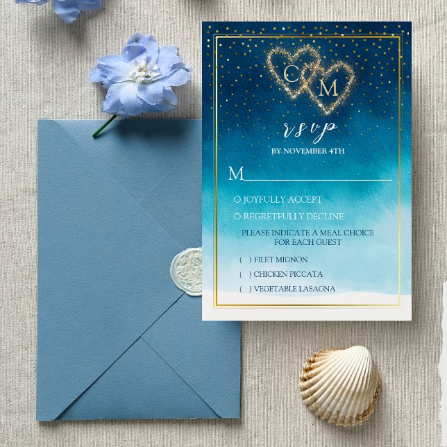 Ocean Blue Watercolor Waves With Monogram Wedding  RSVP Card (Creator Uploaded)