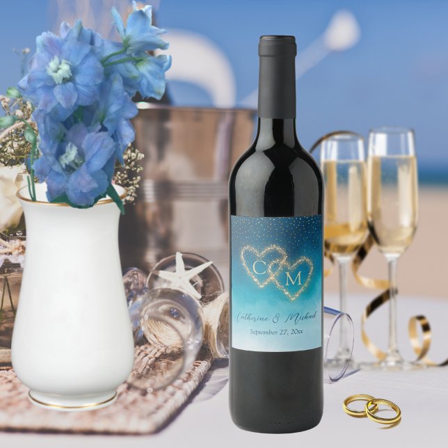Ocean Blue Watercolor Waves With Monogram Wedding Wine Label (Creator Uploaded)