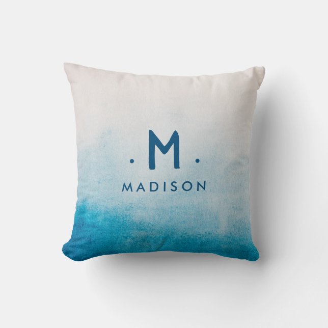 Ocean Blue Watercolors Family Name Monogram Throw Cushion (Front)