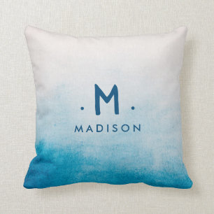 Ocean Blue Watercolors Family Name Monogram Throw Cushion