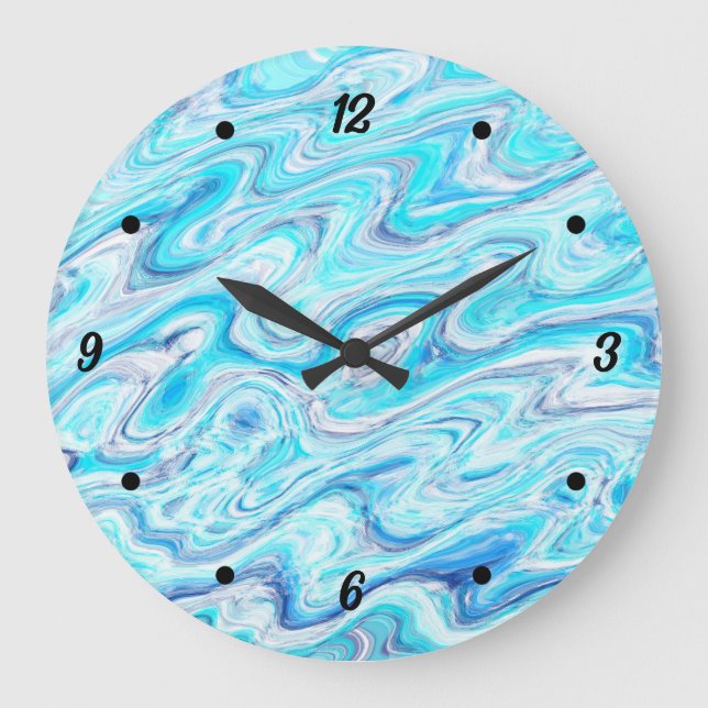 Ocean Blue Wave Marble Texture Abstract Liquid Large Clock (Front)