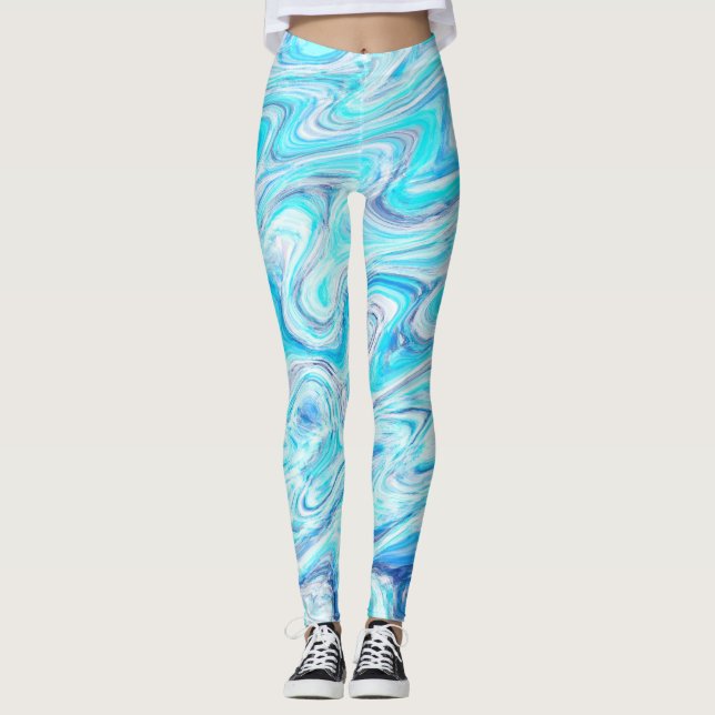 Ocean Blue Wave Marble Texture Abstract Liquid Leggings (Front)