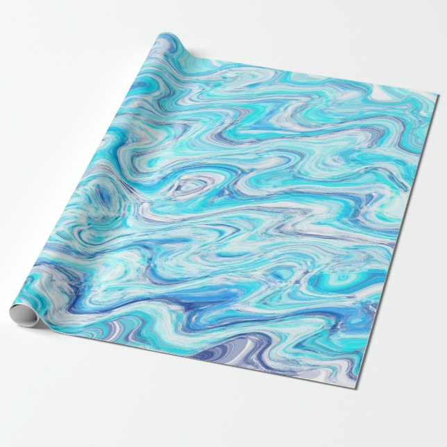 Ocean Blue Wave Marble Texture Abstract Liquid Wrapping Paper (Unrolled)