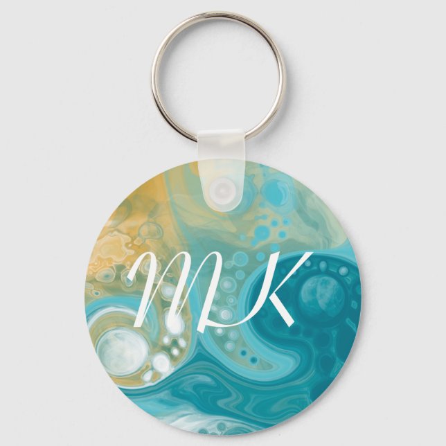 Ocean Blue Waves and Sandy Brown Fluid Art Initial Key Ring (Front)