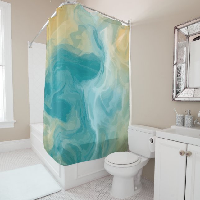 Ocean Blue Waves and Sandy Brown Fluid Art Shower Curtain (In Situ)