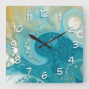 Ocean Blue Waves and Sandy Brown Fluid Art Square Wall Clock