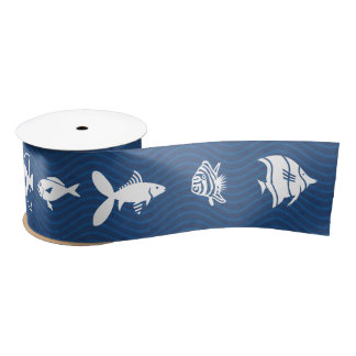 Ocean Blue Waves Fish Pattern Satin Ribbon