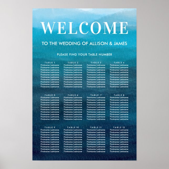 Ocean Blue Waves Watercolor Wedding Seating Chart (Front)