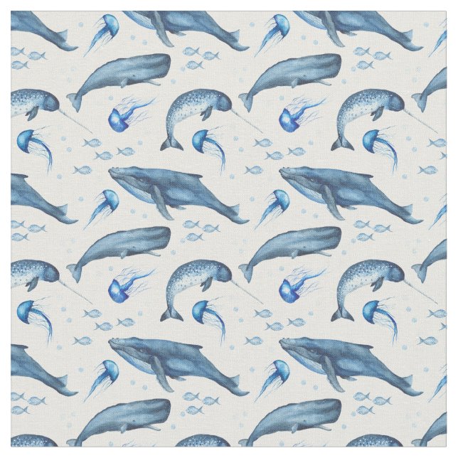 Ocean Blue Whale Jellyfish Pattern Fabric (Close Up)