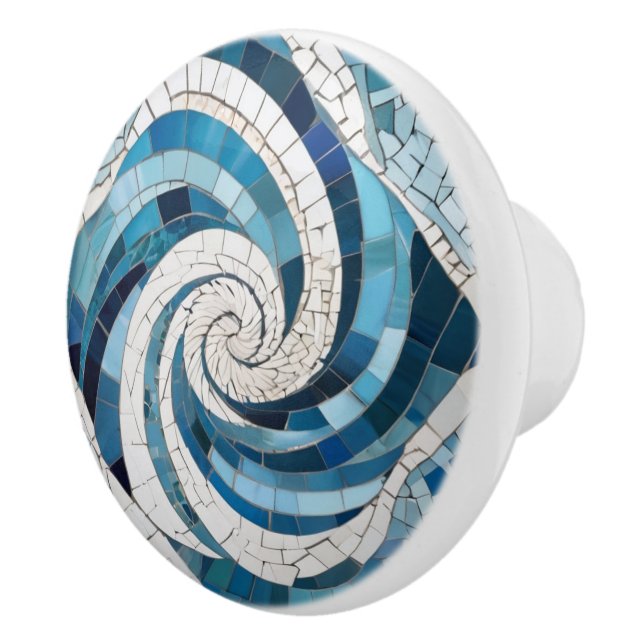 Ocean Blue Whirl Swirly Sea Abstract Faux Mosaic Ceramic Knob (Right)