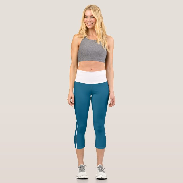 Ocean Blue & White High Waisted  Capri Leggings (Front)