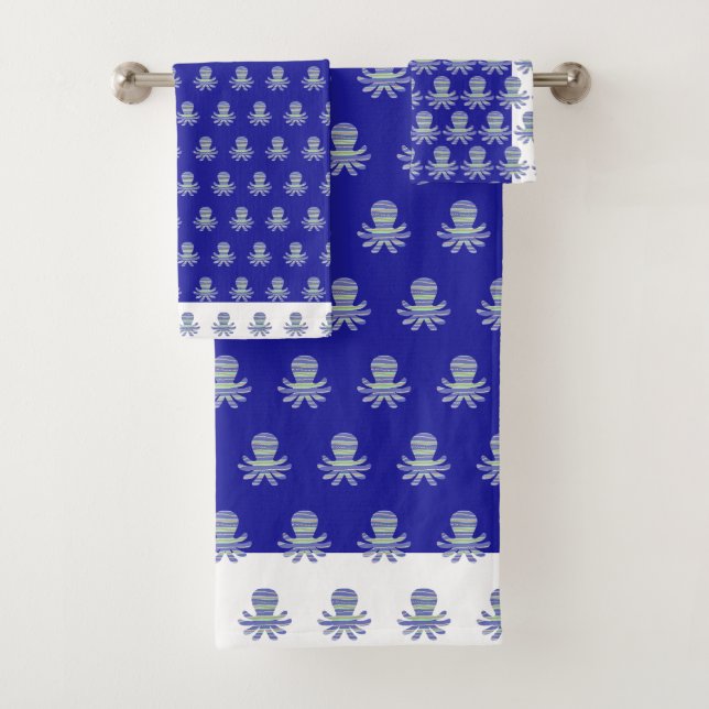 Ocean Blue White Trim Octopus Kids Bath towel Set (Insitu)