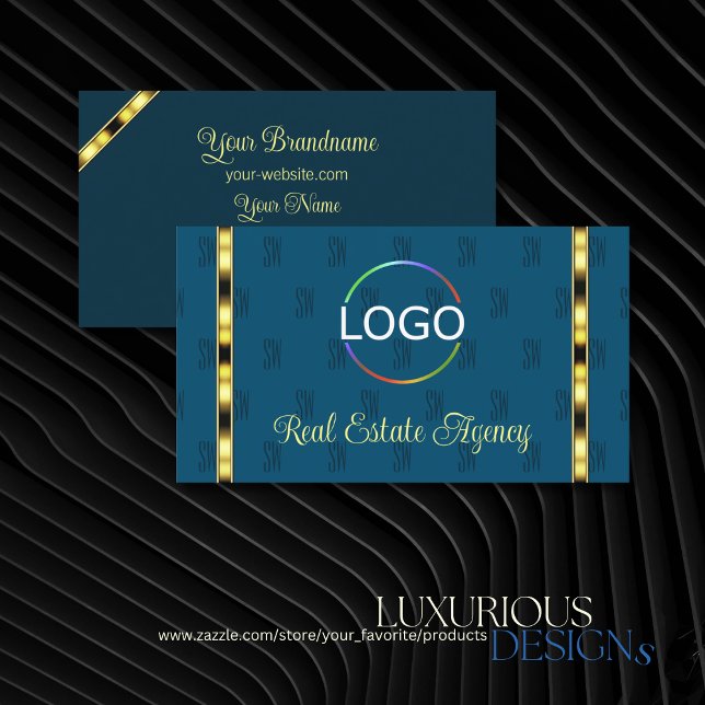 Ocean Blue with Logo Letter Pattern Golden Stripes Business Card (Creator Uploaded)