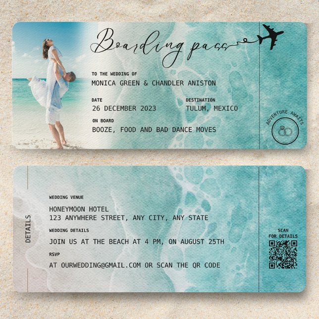 Ocean Boarding Pass Destination Wedding QR code Invitation (QR code Wedding Invitation Boarding Pass Ocean Beach)