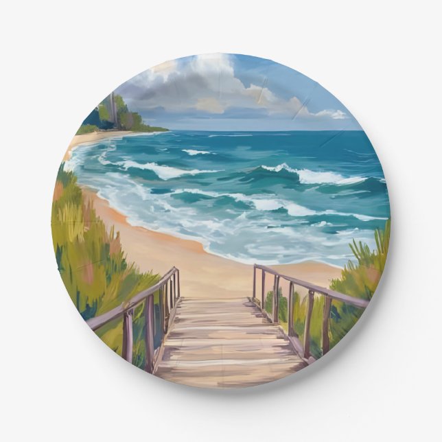 Ocean Boardwalk | Beach Waves Coastal Paper Plate (Front)